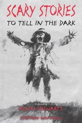 The cover for Scary Stories to Tell in the Dark. It is a black and white sketched drawing a scarecrow in a field with its arms extended and a look of anguish on his face.