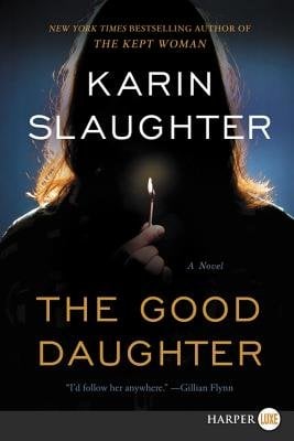 The book cover of The Good Daughter by Karin Slaughter. The background is an all black silhouette of a woman holding a lit match.