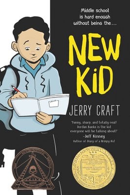 New Kid by Jerry Craft book cover with a young Black boy writing in a notebook.