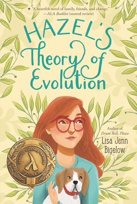 Hazel's Theory of Evolution By Lisa Jenn Bigelow shows and illustration of Hazel holding a dog and looking up into the distance in front of a background of leaves.