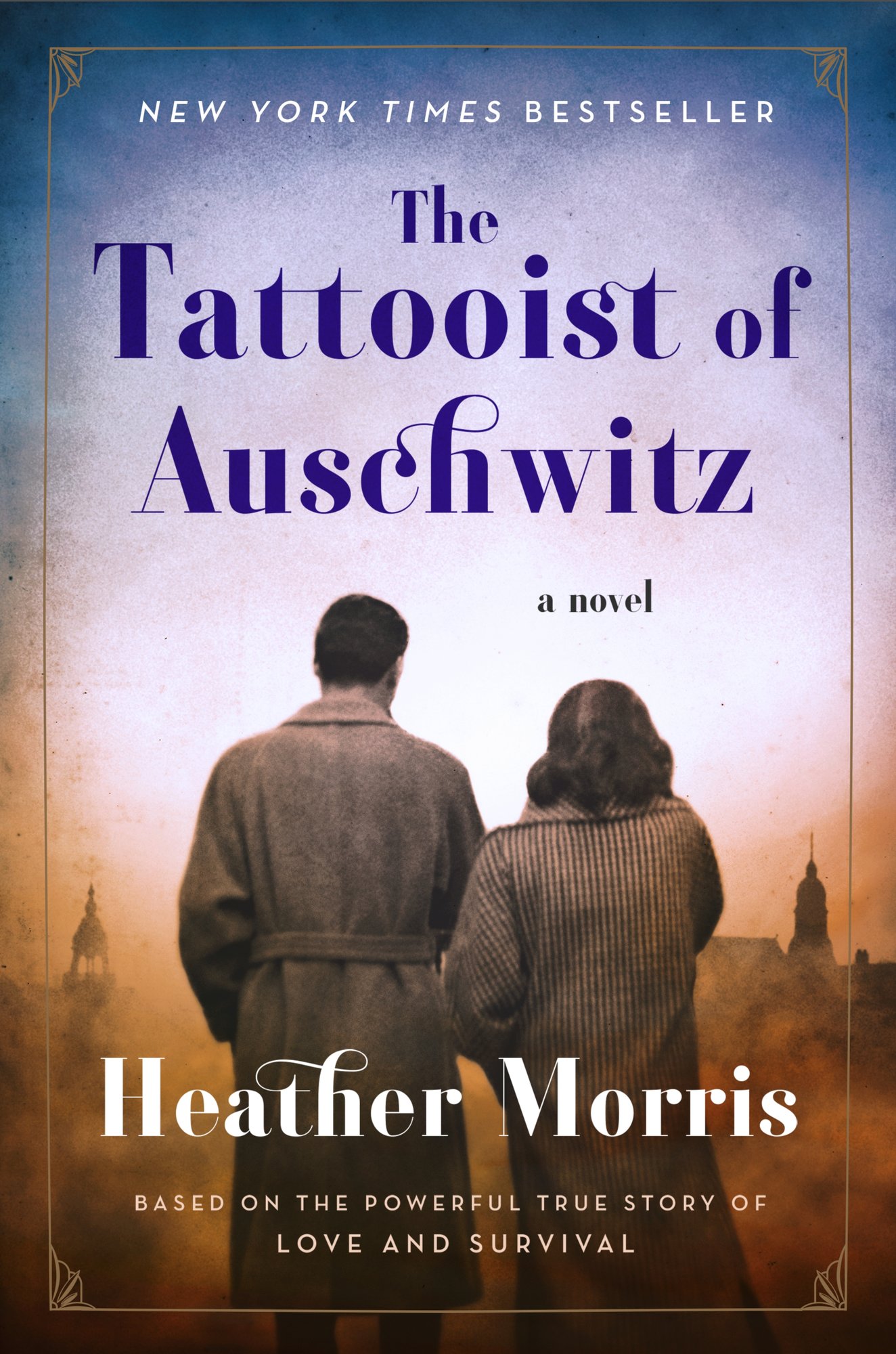 The Tattooist of Auschwitz, a nonfiction book by Heather Morris. The cover is a close up picture of two people in the striped uniform, holding hands.