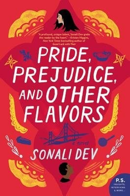 the cover of Pride Prejudice and Other Flavors by Sonali Dev, featuring the title in white font and a red background, surrounded by designs in yellow, blue, and white, and graphics of two people's heads