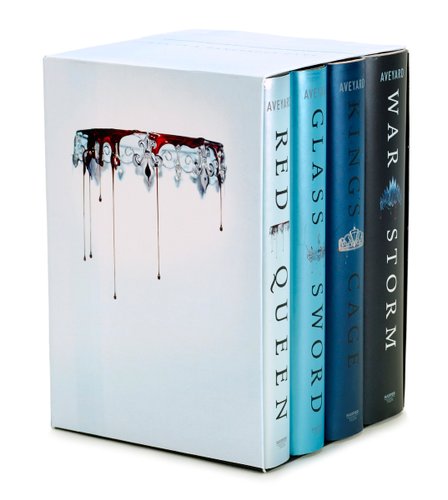 Red Queen series by Victoria Aveyard box set with the first book's cover: an upside-down crown with red blood pouring down from it.