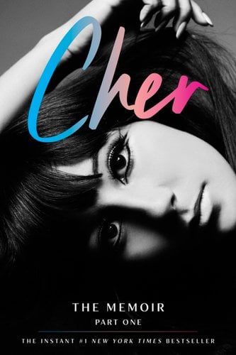 Cover for Cher: The Memoir, Part One by Cher. Depicted in black-and-white is Cher's head lying sideways with her arm raised as she looks at the viewer.
