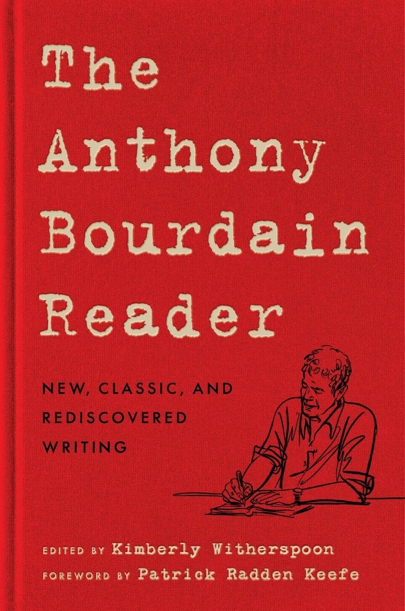 The Anthony Bourdain Readers by Anthony Bourdain, a memoir book cover depicting a black, fine-line drawing of a man on a red background. The title is in a beige, serif font with the subtitle in black.
