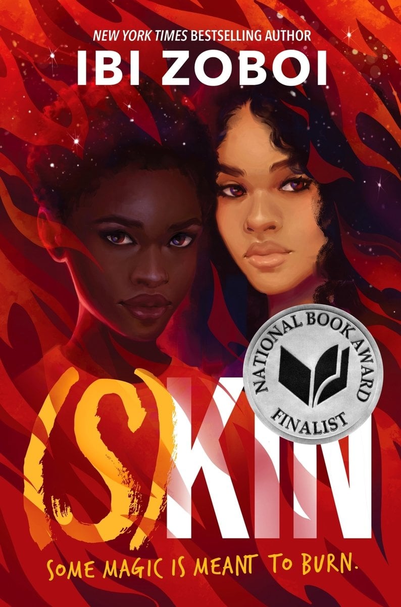 The book cover for (S)Kin by Ibi Zoboi. Two teen girls stand beside each other. On the left is a girl with dark brown skin and black hair in a close-cropped afro. On the right is a girl with light brown skin and long curly black hair. Their hair fades into night sky stars. Over the image is a faded flame pattern in red and orange.