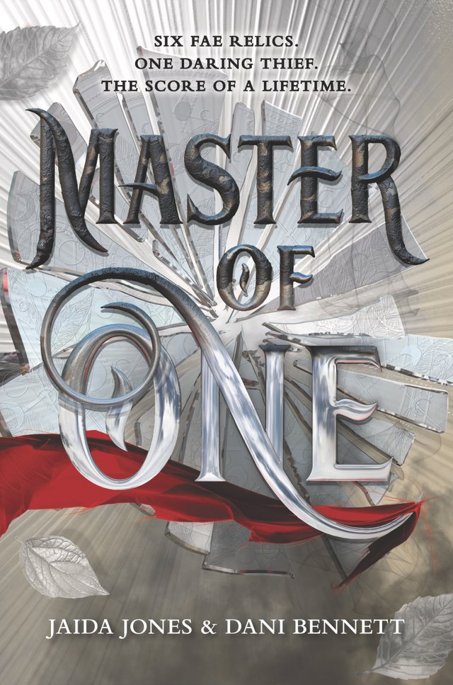 the cover of Master of One, a YA fantasy novel, features a shattered mirror in the center against a gray background, and the shards are split like jagged pieces of pie with the title in front