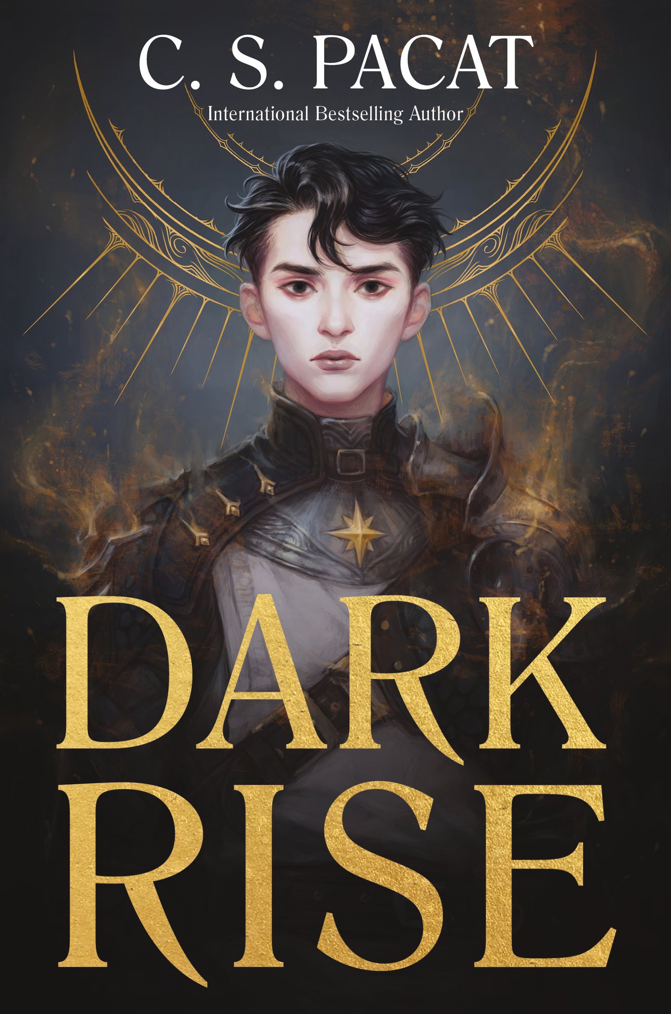 Dark Rise by C.S. Pacat, book cover. A man with pale skin and dark, short hair stands in the center against, a dark background with yellow smoke surrounding him. He is wearing a soldier uniform with a star symbol near his collar.