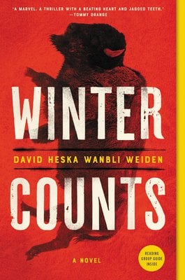 Winter Counts by David Heska Wanbli Weiden book cover featuring a buffalo on its side in the center with a plain bright red background.