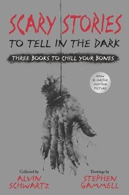 Scary Stories to Tell in the Dark: Three Books to Chill your Bones, collected by Alvin Schwartz and Designed by Stephen Gammell. Cover of a severed hand held on by a string.