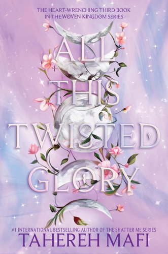 The cover of All This Twisted Glory; a pink and purple pastel background with the five moon phases surrounded by pink flowers