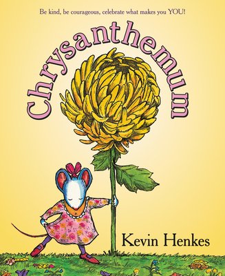 A white mouse wearing a colorful pink dress with a pink bow in her hair stands beside a large yellow flower with slender, individual petals. The title curves around the flower in lower case pink letters. The author's name sits at the bottom near the grass in black letters. Everything sits against a pale yellow background.