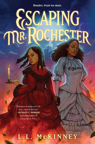 A book cover of a night sky that fades to a sunset orange, with two women in Victorian-era clothing looking forward. The top says "Escaping Mr. Rochester"