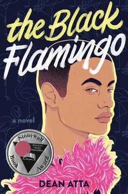 The Black Flamingo by Dean Atta book cover. A young Black man wears a pink feather boa on a black background engraved with flamingos.