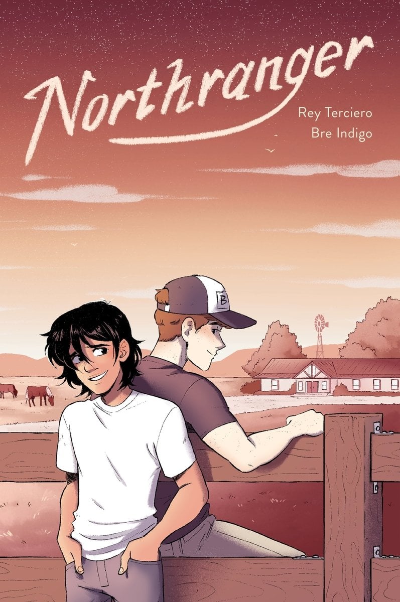 The cover of Northranger. Two boys sit on opposite sides of a fence, heads turned slightly to glance at the other. Behind them is a sprawling ranch with cows, grassy fields, trees, hills, and a ranch house.
