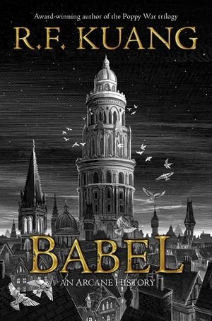 "Babel" cover with a black and white illustration of the Babel building