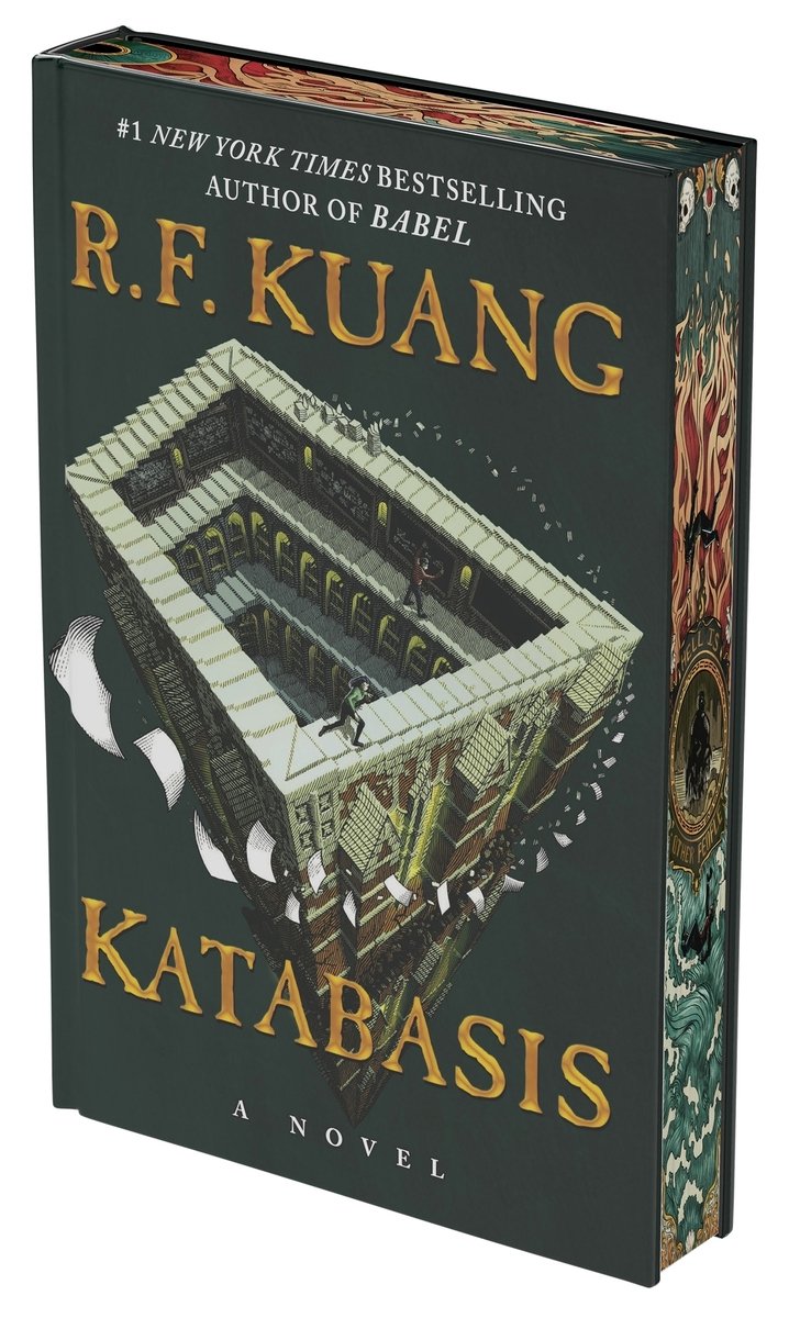 The cover of Katabasis, a dark academia novel, features an illustration of a tall building with an open roof and stairs spiraling down inside against a forest green background