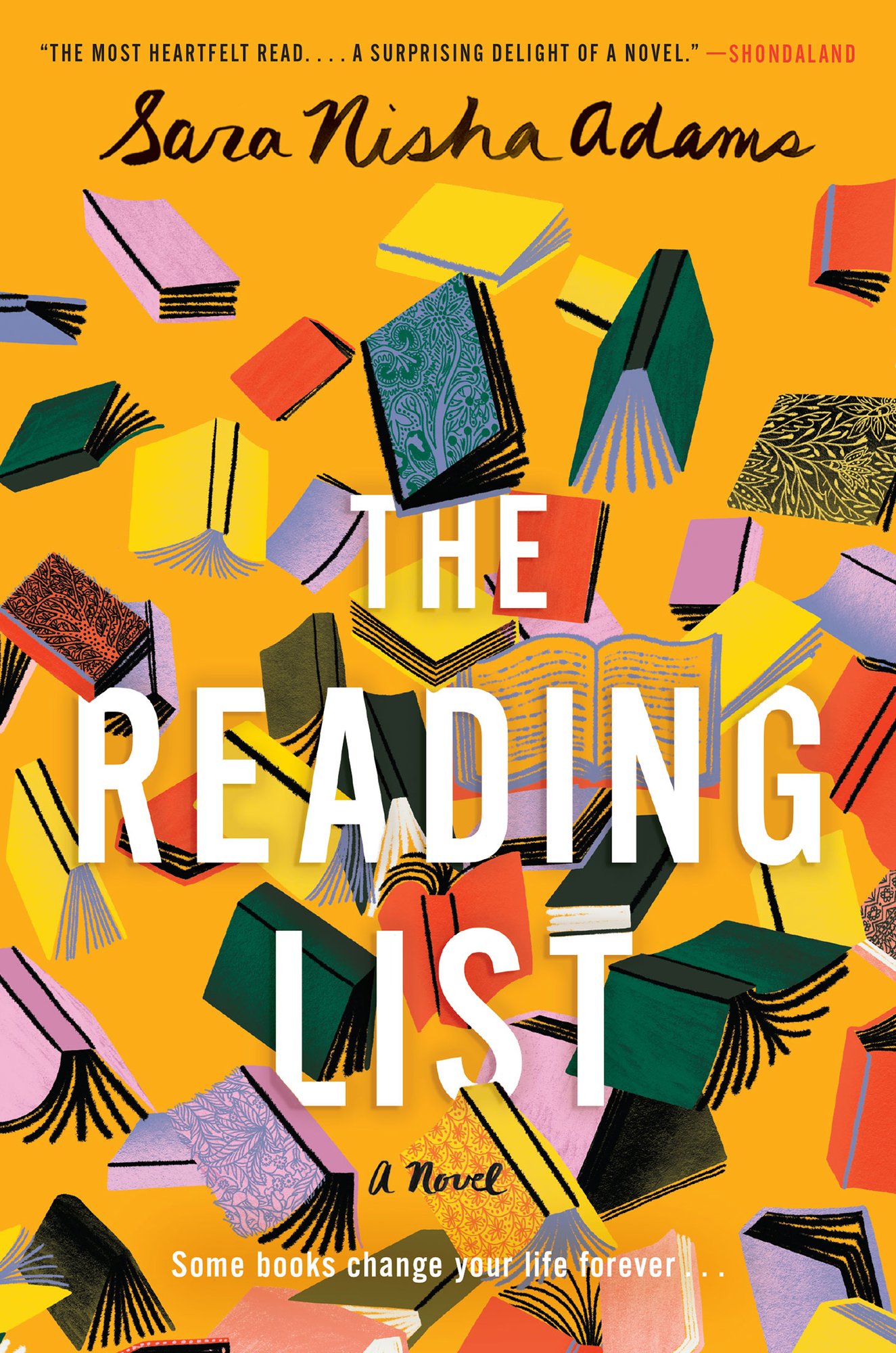 The Reading List by Sara Nisha Adams featuring many open books against that appear to be falling down on the cover against a dark yellow background.