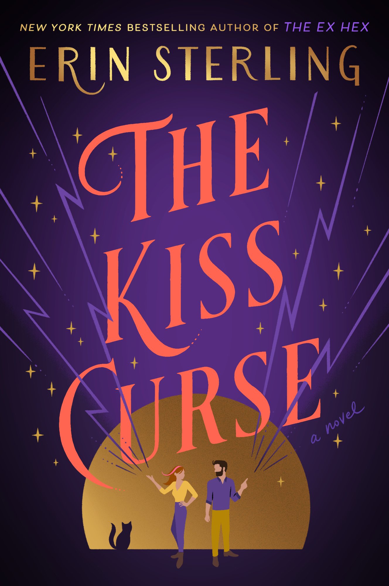 The book cover for The Kiss Curse by Erin Sterling. A dark purple background with gold stars and purple lightning bolts. Below is a large gold circle with two figures — a woman with pale skin, red hair, and a yellow shirt and a man with pale skin, dark hair, and a purple shirt. The title is in orange cursive text.