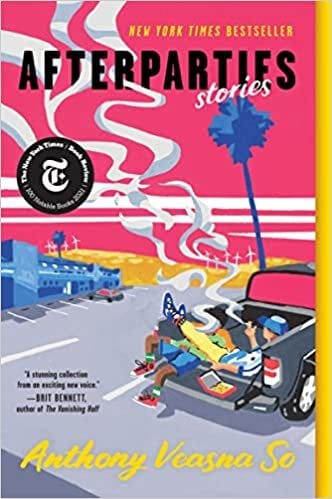 The cover of Afterparties, an anthology of short stories, features an illustration of boys sitting in the back of a truck bed in a parking lot with white smoke floating up against a pink sky.