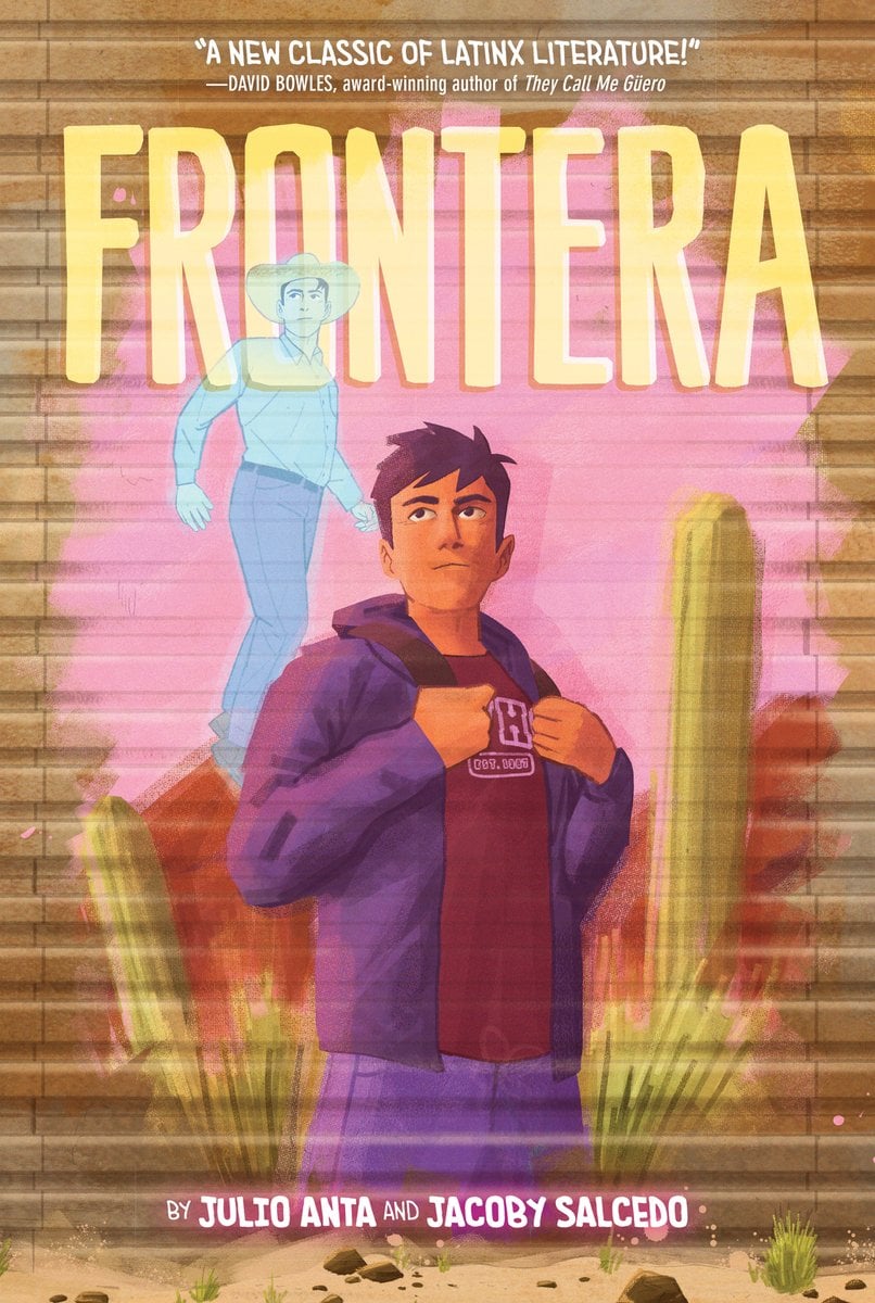 The cover of Frontera. A young boy clutches his backpack and looks off into the horizon. There is a faded blue ghost to his left and he situated in front of a wall with the desert behind him.