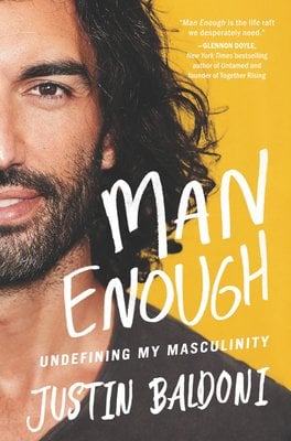 A half shot of Justin Baldoni's portrait, with the title and tagline beside. The white text complements with the yellow background.