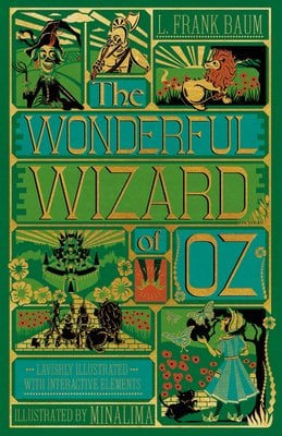 The Wonderful Wizard of Oz by L. Frank Baum cover; illustrations of Wicked Witch of the West, the Tin Man, Cowardly Lion, Dorothy with Toto, and the Yellow Brick Road