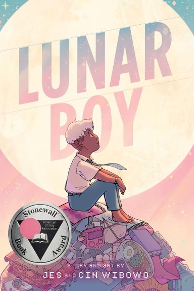 Book cover of Lunar Boy by Jes and Cin Wibowo, featuring a brown-skinned child with white hair seated on a jumbled pile of various objects and staring up at a full moon.