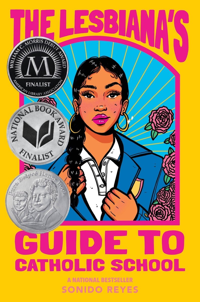 Yamilet is drawn in the middle in her school uniform. Roses are placed next to her and she is framed around a yellow background that takes up the rest of the cover space.