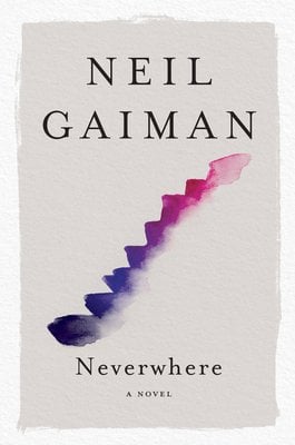 Neverwhere book cover with a neutral background and shades from dark purple to pink in an upwards angle in a fingerprint like figure.