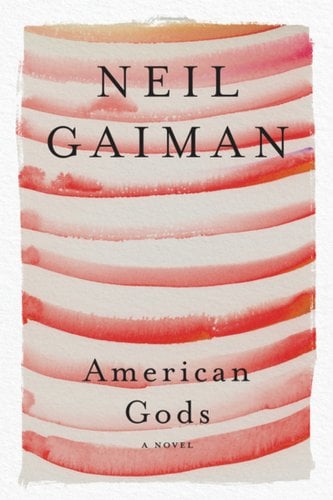 American Gods cover by Neil Gaiman, streaky horizontal red stripes on a white background.