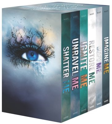 Shatter Me by Tahereh Mafi series six-book box set featuring Shatter Me, Unravel Me, Ignite Me, Restore Me, Defy Me, and Imagine Me.