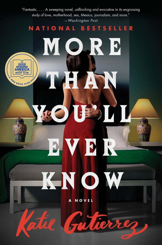More Than You'll Ever Know by Katie Gutierrez, book cover. A couple holding each other standing in front of a green bed in a dark room, lamps on either side.