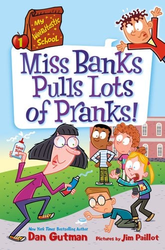 A cartoon drawing of a woman surrounded by children with a building in the background. The woman is holding super glue and another tube in both hands. the kids look scared and frantic. The title is in the center of the cover in big blue lettering. The author and illustrator are at the bottom of the cover in red lettering.
