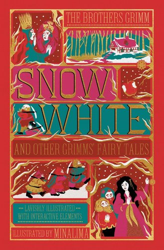 "Grimm’s Fairytales" by Jacob and Wilhelm Grimm, book cover of different stories in each square, showing the story of Snow White.