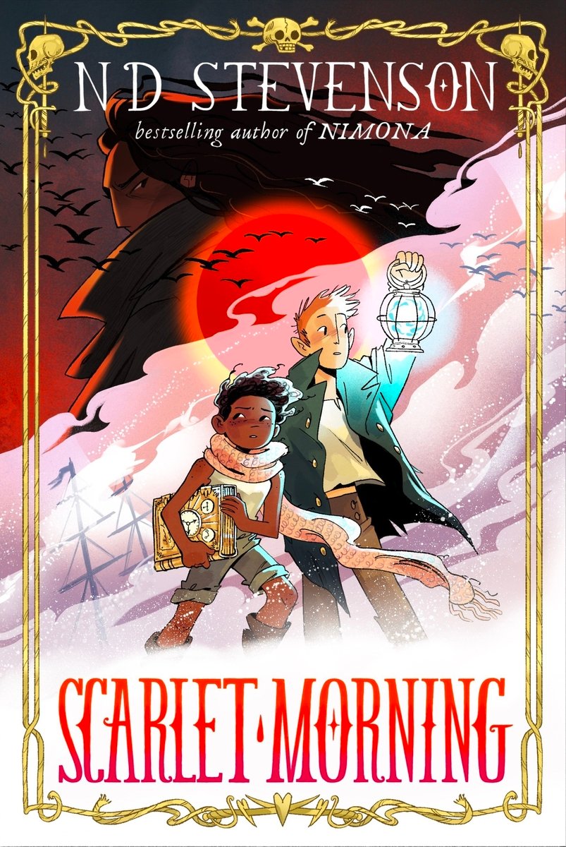 Book cover of Scarlet Morning by ND Stevenson, featuring two youths - one light-skinned with short red hair, the other brown-skinned with short, curly dark hair - looking through mist while holding a lantern and a book, respectively. Behind them looms the silhouette of a woman with long, wavy dark hair and a dark cloak.