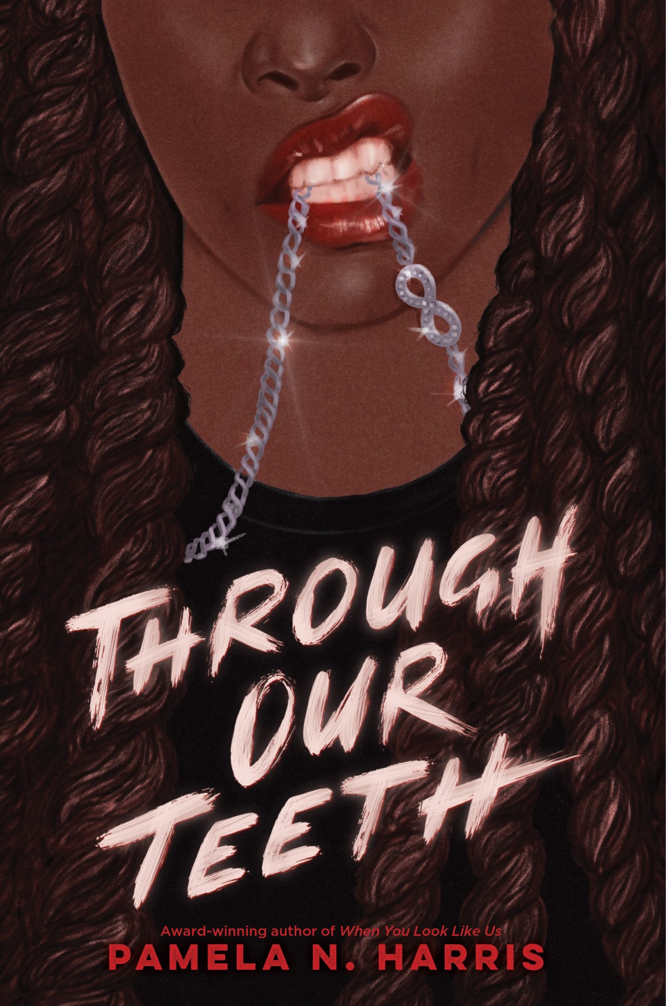 Book cover of Through Our Teeth by Pamela N. Harris showing a girl with an infinity sign necklace in her mouth. Only the lower half of her face is visible. The title is at the bottom, as well as the author's name.