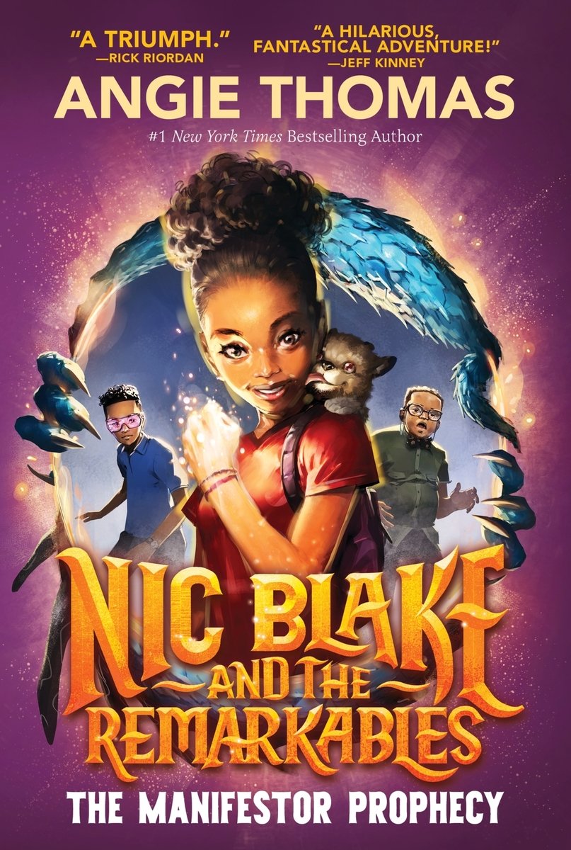 Book cover for Nic Blake and the Remarkables: The Manifestor Prophecy by Angie Thomas. The cover depicts a young Black girl with curly hair in a bun, wearing a red shirt and her left hand glowing with a white light. She smiles while a bear cub licks her cheek. To her left is an older Black man wearing a green shirt and grey pants and to her right is a young Black boy wearing a blue shirt and grey pants. Set behind all of them is a portal held open by two menacing claws and the title of the book is below them in gold text. The entire cover is purple.