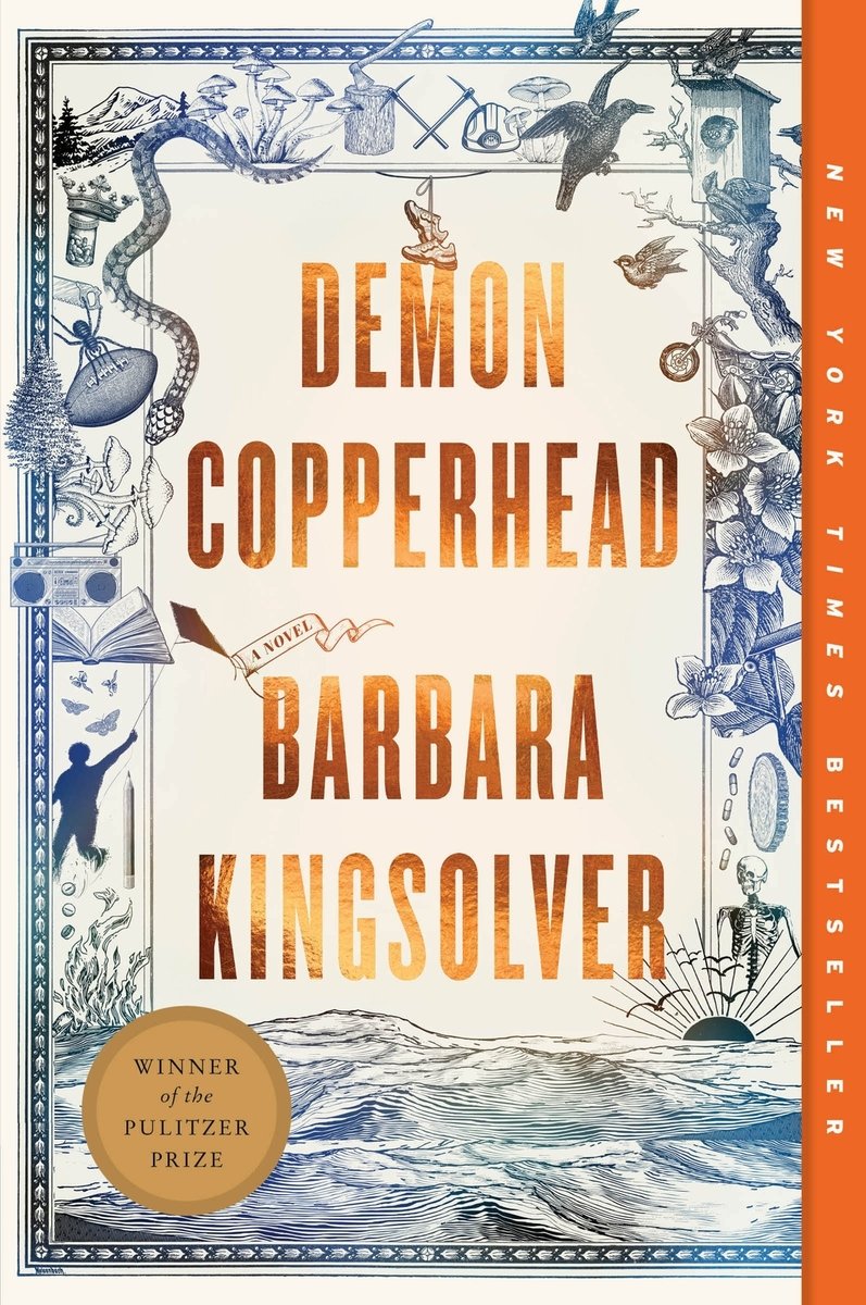 Demon Copperhead cover by Barbara Kingsolver. Birds, snakes, spiders, plants, and a skeleton surrounding a landscape.