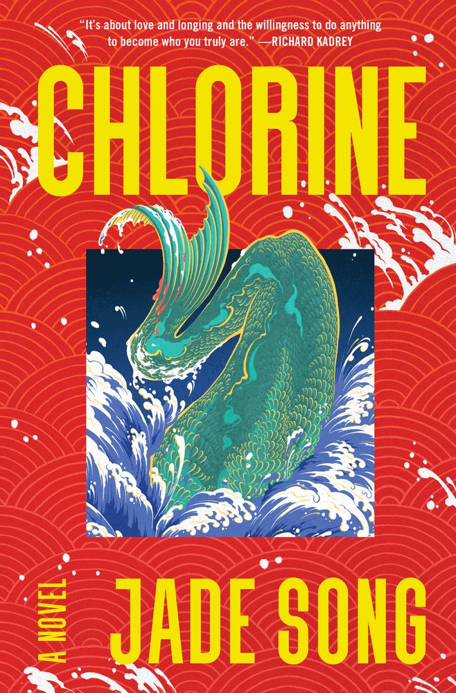 The cover of Chlorine, a queer fantasy and horror novel, features a square portrait of a green tail splashing in the water with a red pattered boarder.