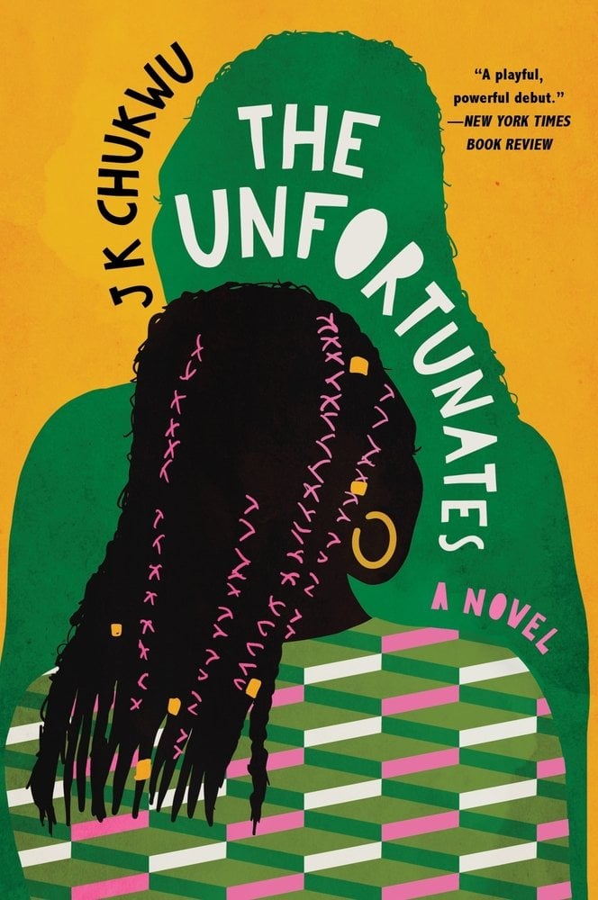 The book cover for The Unfortunates. An illustration of Sahara shows her from behind while a green shadow silhouette hovers over her in front of a yellow background.