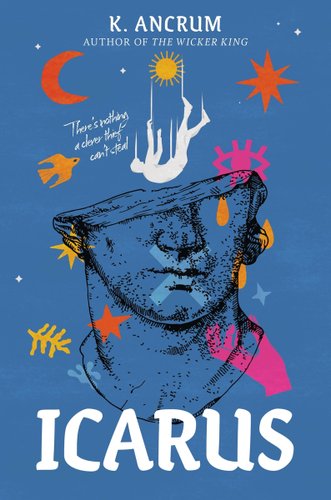 A blue book cover with a bust of a boy from the nose to the neck, with several assorted orange, yellow, and pink shapes. It says "Icarus" at the bottom.
