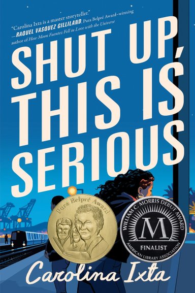 Book cover of Shut Up, This Is Serious by Carolina Ixta, featuring two brown-skinned youths with long dark hair standing on a metro train platform at nighttime.