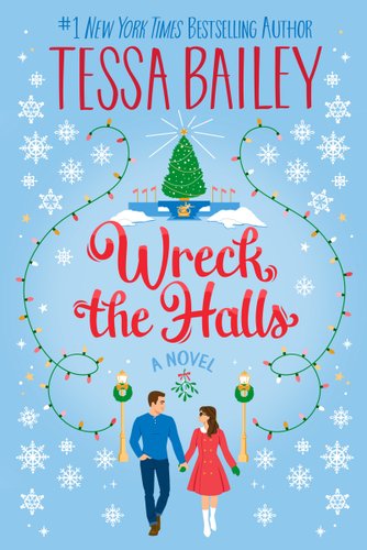 Wreck the Halls showing a cartoon blue background with snow. A couple stands holding hands and behind them are lights and a Christmas tree. Above them is mistletoe.