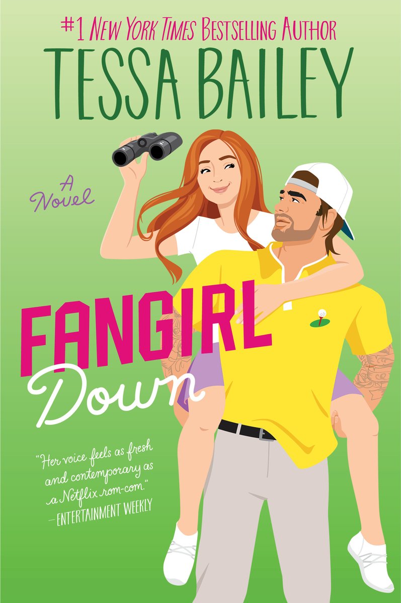 Fangirl Down by Tessa Bailey book cover. Wells giving Josephine a piggyback ride across the green