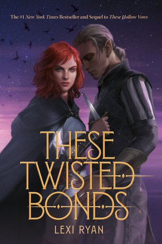 A woman with short red hair holds a dagger and stares at the viewer. A male fae with white hair holds her.