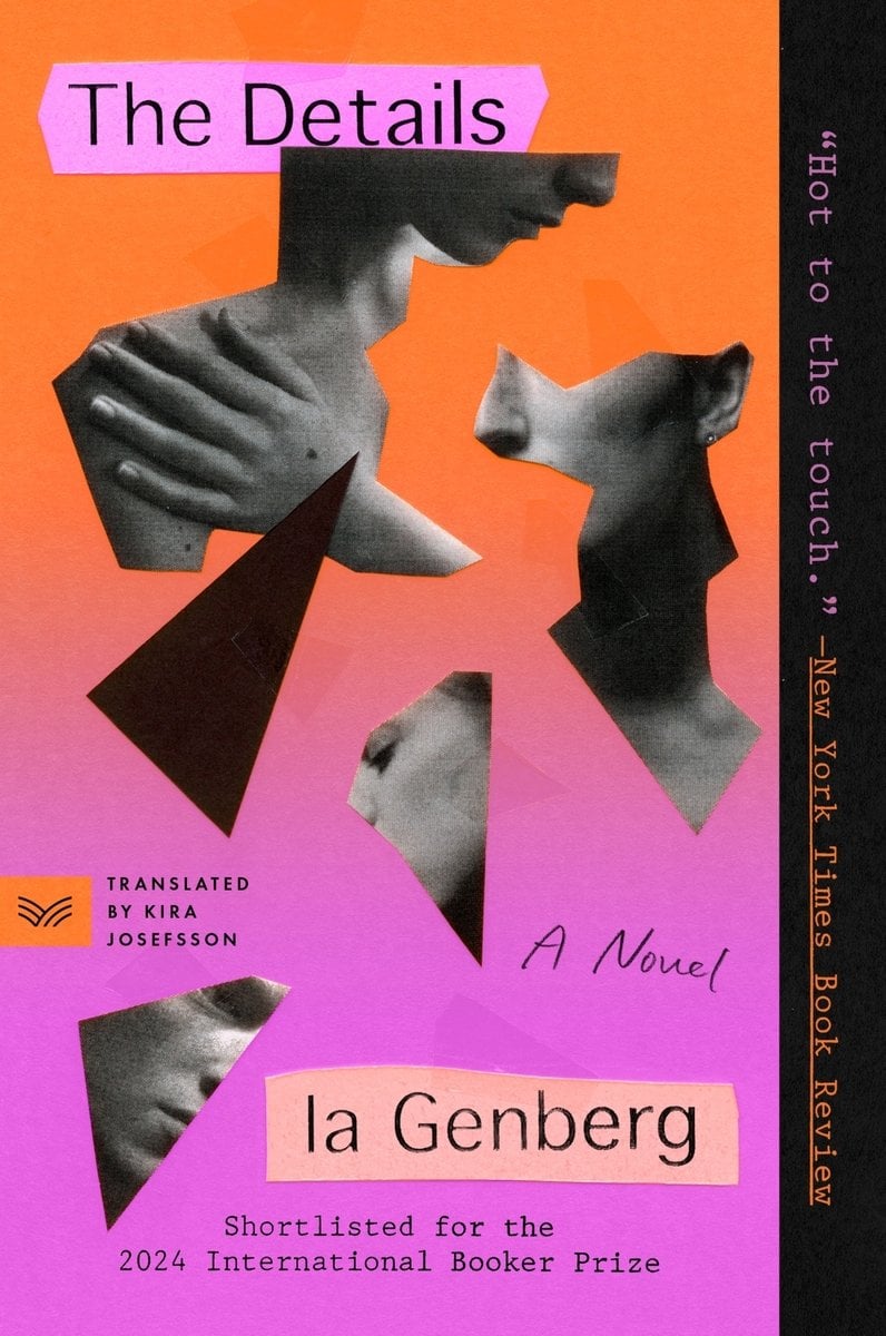 The Details by Ia Genberg, hazy orange and pink book cover featuring black and white fragments of various people.