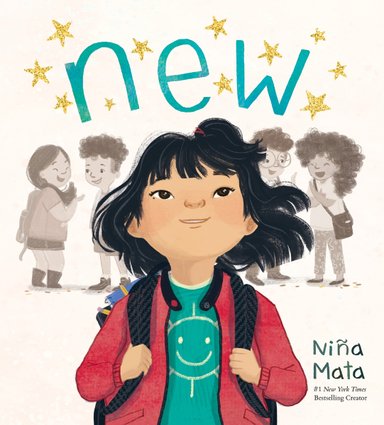 Book cover of New by Niña Mata, featuring a light-skinned child with short, straight black hair and monolid eyes looking at up the title; a diverse group of children talk to one another in the background.