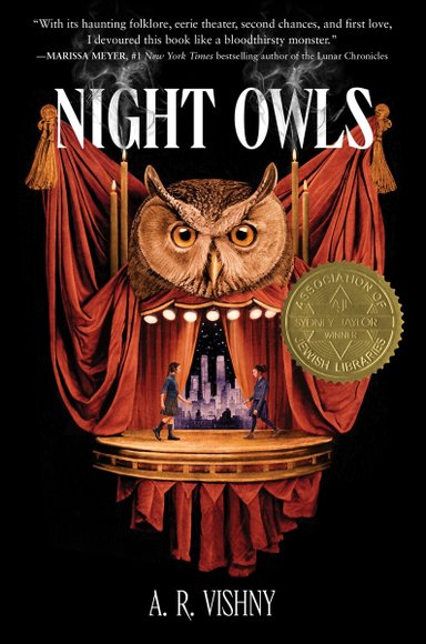 Book cover of Night Owls by A.R. Vishny, featuring two light-skinned youths walking toward one another on a stage, over which hangs the giant head of a horned owl.
