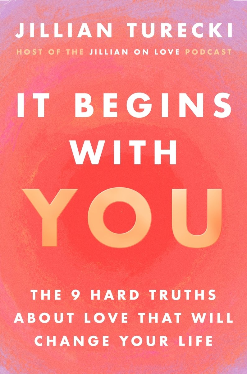 The book cover for It Begins with You by Jillian Turecki. A red orange watercolor background with tinges of purple on the edges. It Begins with You is in white and yellow text.